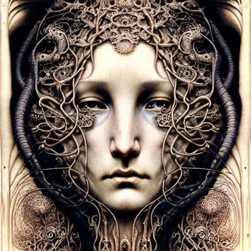 Prompt: detailed realistic beautiful death goddess face portrait by jean delville, gustave dore, iris van herpen and marco mazzoni, art forms of nature by ernst haeckel, art nouveau, symbolist, visionary, gothic, neo - gothic, pre - raphaelite, fractal lace, intricate alien botanicals, ai biodiversity, surreality, hyperdetailed ultrasharp octane render