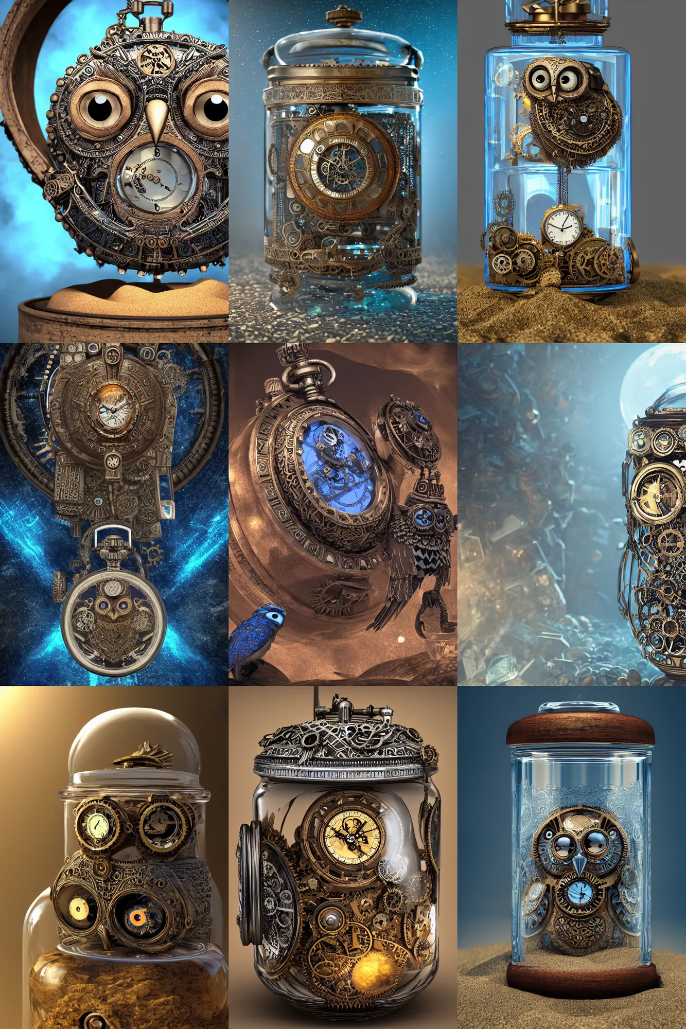 Prompt: steampunk aztec owl pocketwatch inside a glass jar buried in sand, intricate detail, volumetric lighting, epic composition, hyper detailed, ultra realistic, sharp focus, octane render, volumetric, ray tracing, sense of awe, swirling mist, blue moon