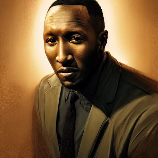 Image similar to mahershala ali portrait, dystopia core, apocalyptic, armor, warrior, dramatic, sharp focus, fiction, neon, fantasy, hyper detailed, digital art, trending in artstation, cinematic lighting, studio quality, smooth render, unreal engine 5 rendered, octane rendered, art style and nixeu and wlop and krenz cushart