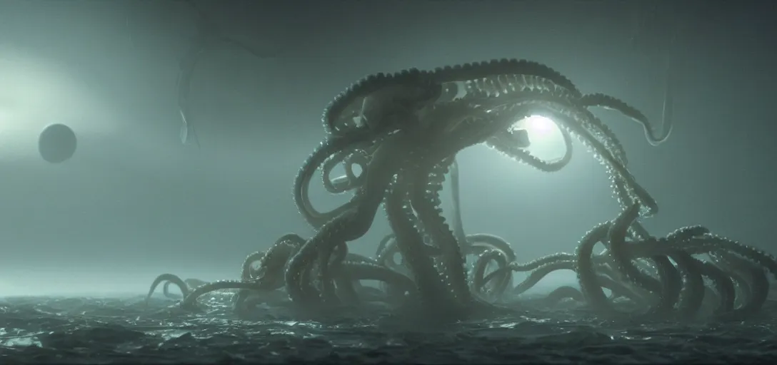 Prompt: a robotic octopus'tentacles wrapped around jupiter, foggy, cinematic shot, photo still from movie by denis villeneuve, wayne barlowe