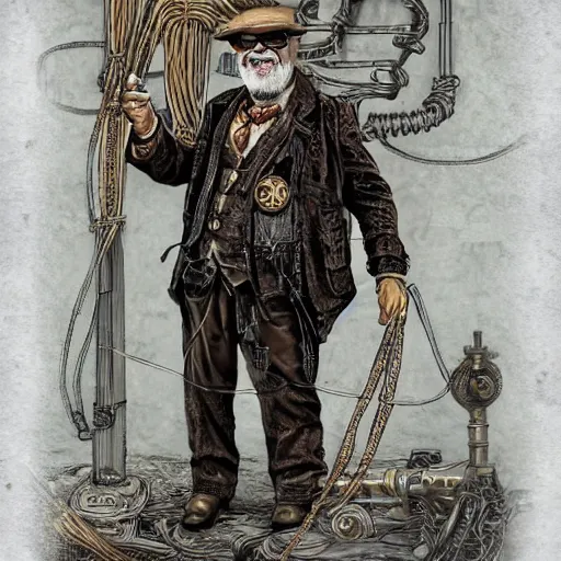 Prompt: Old wrinkled man grinning in steampunk outfit, attached to wires. Dark, intricate, highly detailed, smooth, in style of Stanislav Vovchuk