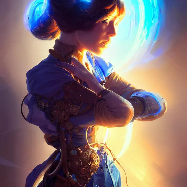 Prompt: portrait of beautiful steampunk girl, town, arcane, blue fire, volumetric lighting, ray tracing, futuristic, sharp focus, vibrant, vivid, symmetry, highly detailed, 4 k digital painting, detailed skin, raytracing, artistic, concept art by artgerm, greg rutkowski, alphonse mucha, unreal engine render,