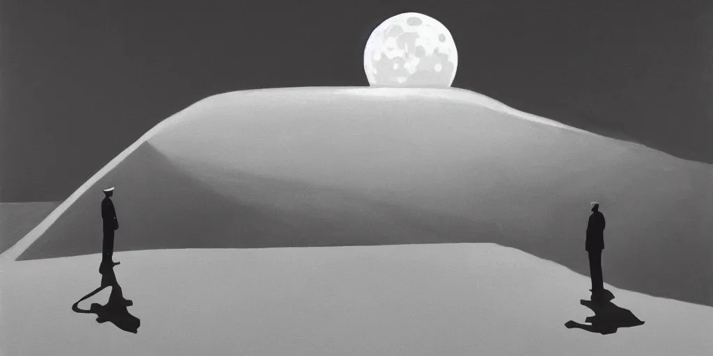 Image similar to incredible full page illustration, moon hitting earth, Edward Hopper and James Gilleard Zdzis, black and white