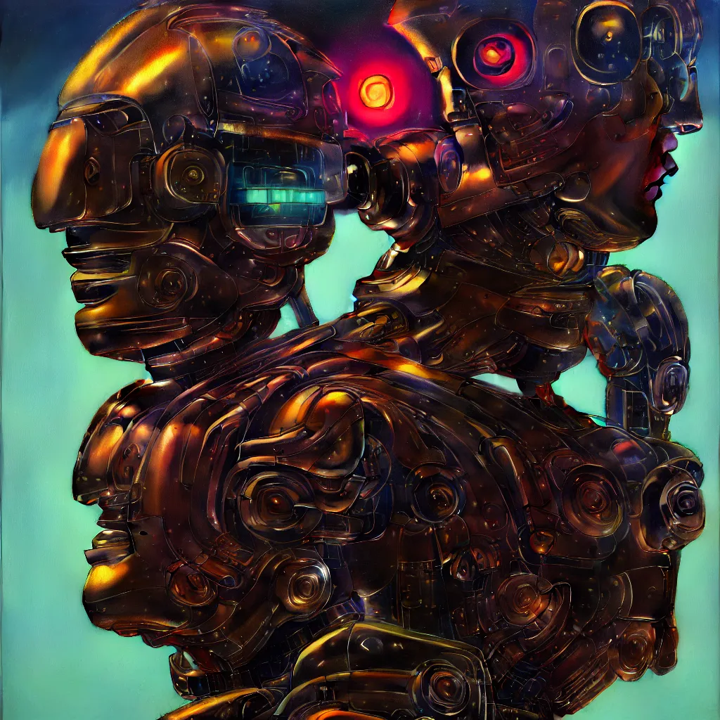 Image similar to cinematic bust portrait of psychedelic god robot from left, head and chest only, robotic improvements, part of Moebius, part of maxfield parrish, part of Thomas Ehretsmann,, oil on canvas, masterpiece, trending on artstation, cinematic composition, dramatic pose, beautiful lighting, sharp, details, hyper-detailed, volumetric lighting 4K