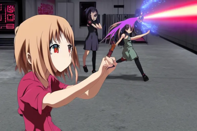 Prompt: an anime girl in a screenshot of the video game doom, the anime girl is running away