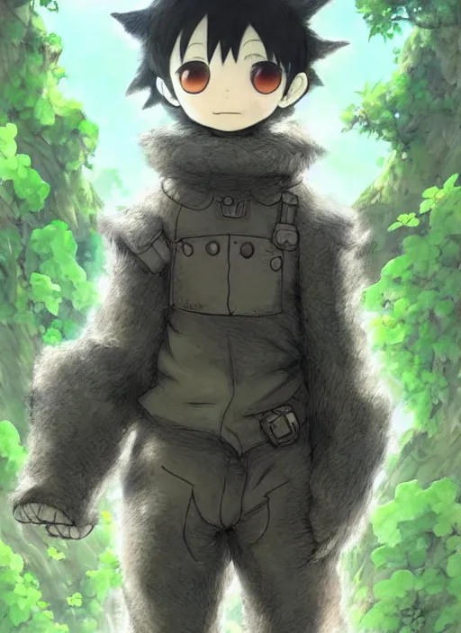 Image similar to beautiful little boy wearing an cyborg bear suit, artwork in kentaro miura and made in abyss and rosdraws, smooth, beautiful lightness, anatomically correct, trending on pixiv, forest