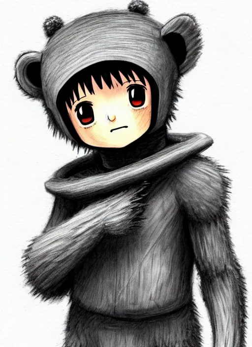 Image similar to beautiful little boy wearing an cyborg bear suit, artwork in kentaro miura and made in abyss and rosdraws, smooth, beautiful lightness, anatomically correct, trending on pixiv, forest