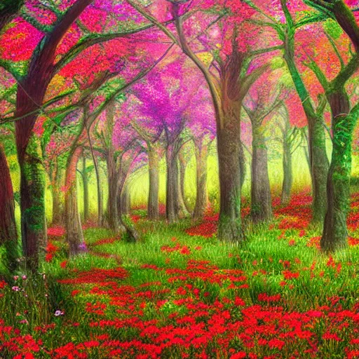 Image similar to A forest with beautiful flowers scatter across the field with large trees of all colors, digital art, detailed, trending on artstaion