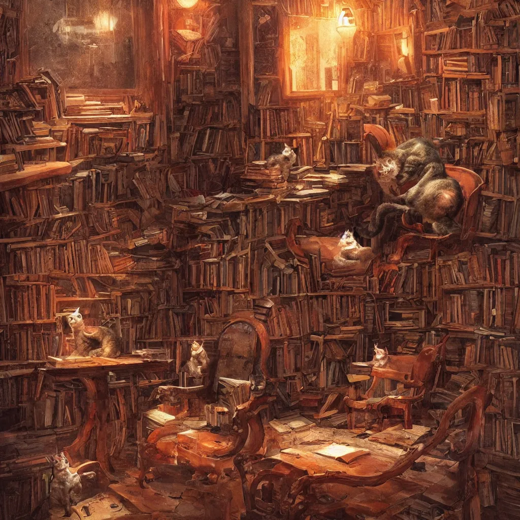 Prompt: a cat character laying, wood carved chair, library, super powers, concept art, by greg rutkowski, old copper pipes, complementing colors