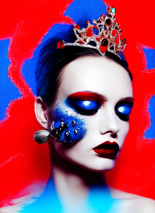 Image similar to a female high fashion model wearing a jeweled face crown, dark eye make - up, red lips, alexander mcqueen, haute couture, artstation, high detail, black, red and blue, by mobius, painterly, 8 0's airbrushed, film still, cinematic composition