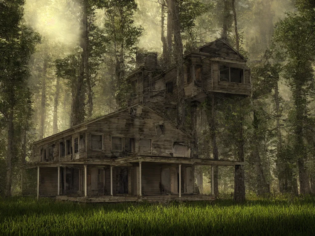 Prompt: architectural visualization of an abandoned house in a forest, 3d rendering, 4k, volumetric lighting, realistic