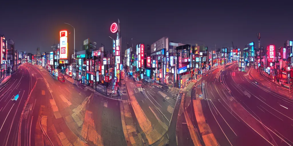 Image similar to HDRI panorama, Tokyo at night, neon lights, street signs, street lights, traffic lights, featured on artstation