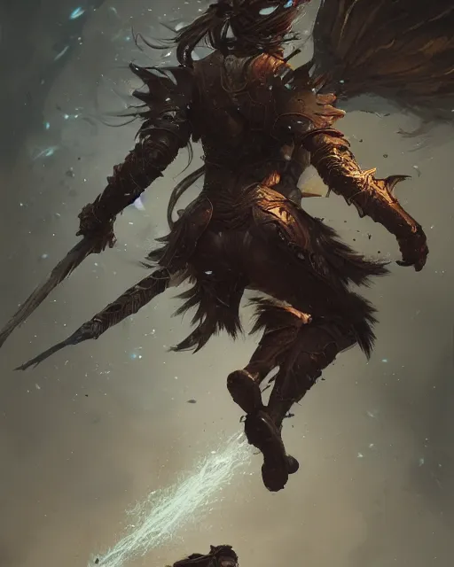 Prompt: A warrior running, seeing from behind, DnD, fantasy art, female art, in the style of greg rutkowski, illustration, epic, fantasy, intricate, hyper detailed, artstation, concept art, smooth, sharp focus, ray tracing