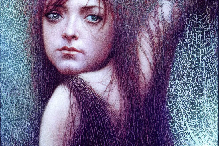 Image similar to cute young alyson hannigan with short hairs in cobweb by jean delville by luis royo and wayne barlowe, beksinski