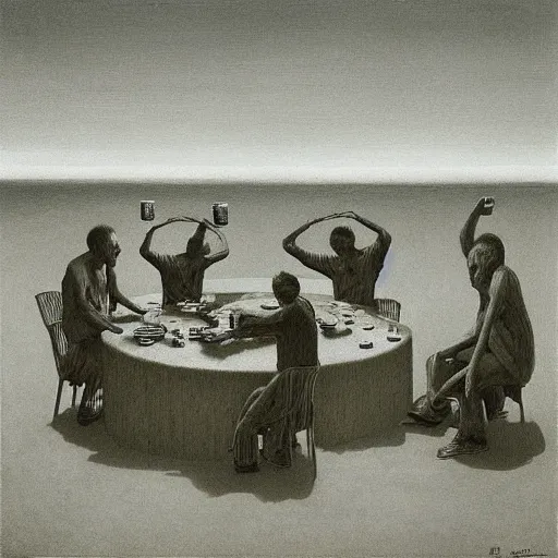 Prompt: a group of men having a beer by artist zdzisław beksinski