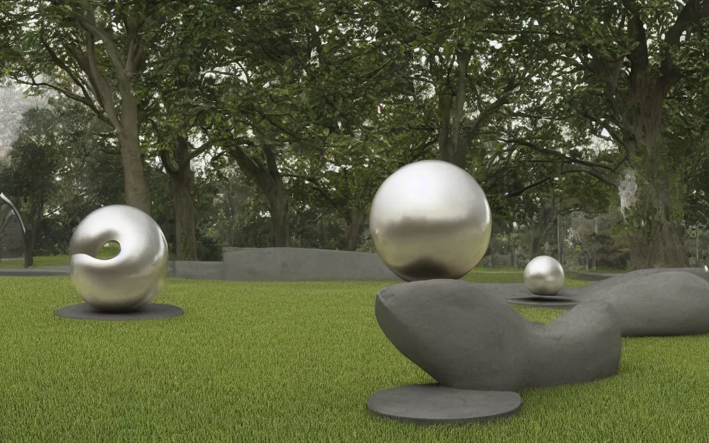 Prompt: Bulb and hollow spherical round forms as a metal sculpture in a park , smooth shiny texture, sculpted by Henry Moore Barbara Hepworth , Matte painting V Ray, warm volumetric lighting , 3D 8K HD trending on art station