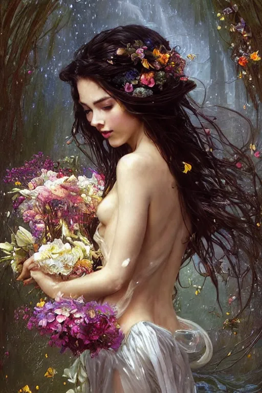 Image similar to portrait of a beautiful mysterious woman holding a bouquet of flowing flowers, drenched clothing, wet dripping long hair, hands hidden under the bouquet, emerging from the water, fantasy, regal, intricate, by stanley artgerm lau, greg rutkowski, thomas kindkade, alphonse mucha, loish, norman rockwell