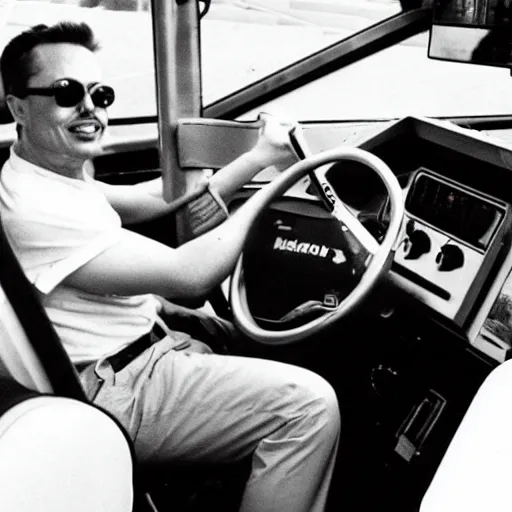 Image similar to retro photo of drunked elon musk driving bus, by hunter thompson