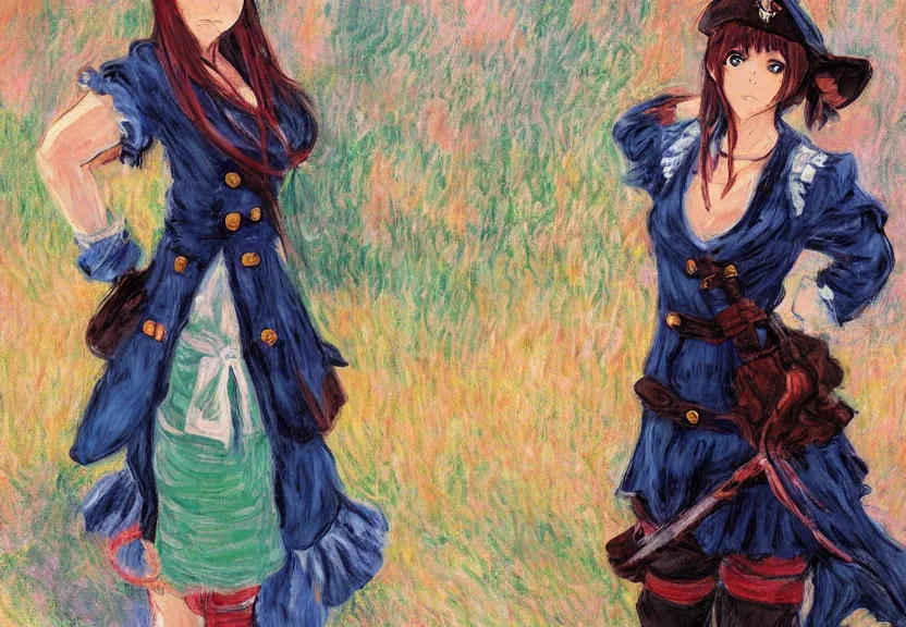 Prompt: wide angle painting of a female pirate, a thrifty uniform, somewhat of an anime in impressionist style, trending artwork, illustrated in anime painter studio, by claude monet and an anime artist, collaboration