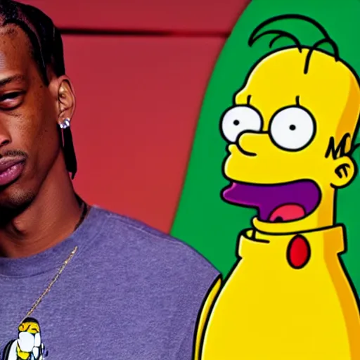 Image similar to travis scott and homer simpson rap battle, dramatic, epic