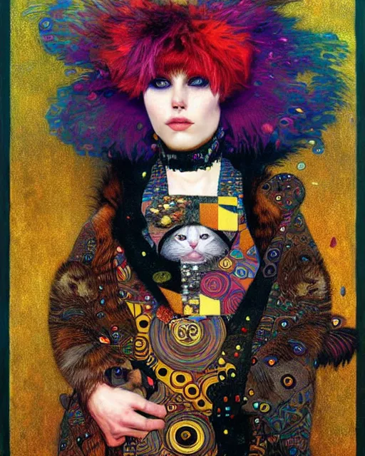 Image similar to punk cat portrait an oil painting splashes with many colors and shapes by gustav klimt greg rutkowski and alphonse mucha, polycount, generative art, psychedelic, fractalism, glitch art