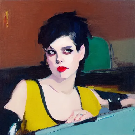 Prompt: artwork by malcolm liepke, portrait of a cute punk girl in a bar, triadic color scheme