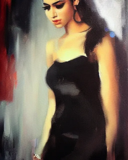 Prompt: beautiful portrait painting an gorgeous delhi girl wearing a little black dress at a nightclub, red lighting, oil painting, art by ruan jia