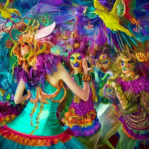 Prompt: an intricately decorated, colorful, chaotic, beautiful carnival hosted by fairies, realistic fantasy illustration