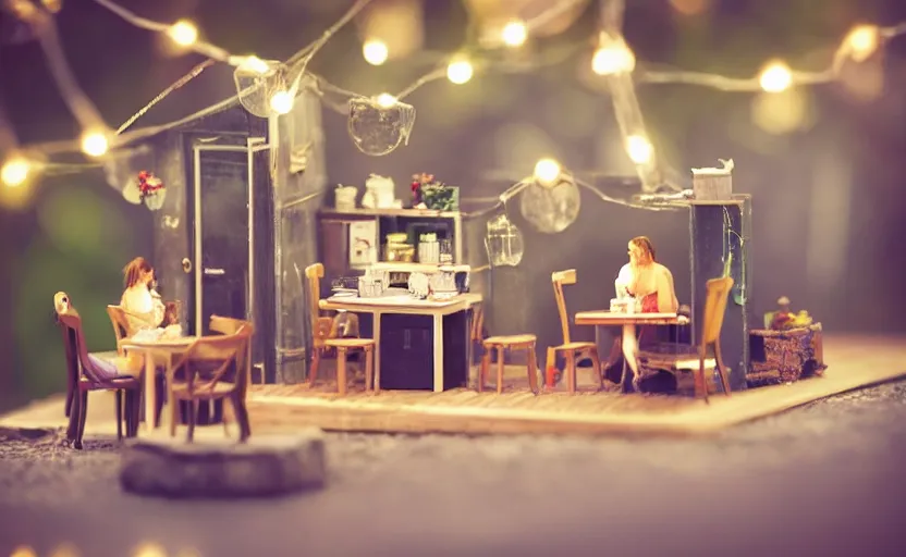 Image similar to mini cafe for mice diorama macro photography, ambient, atmospheric photograph, string lights, romantic