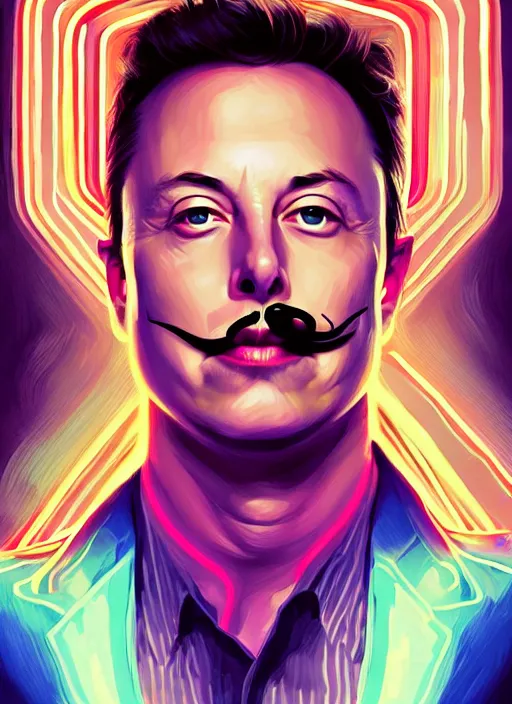 Prompt: symmetry!! portrait of elon musk with a salvador dali moustache intricate, neon lights, highly detailed, digital painting, artstation, concept art, smooth, sharp focus, illustration, art by artgerm and greg rutkowski