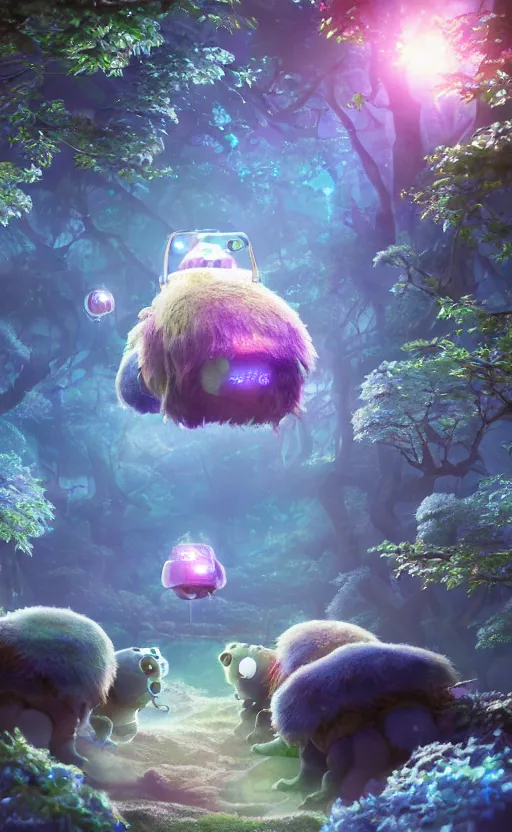 Image similar to microscopic tardigrades, magical forest, water bear, robots, electric, furry, soft, concept art, intricate details, highly detailed, photorealistic, disney pixar, octane render, iridescent, anime, 8 k