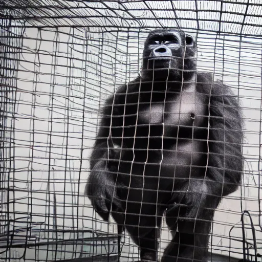 Image similar to bald white man dressed in a gorilla suit in a cage