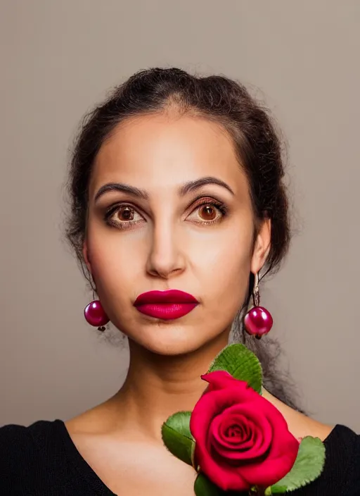 Prompt: portrait of a 2 3 year old woman, symmetrical face, lipstick and pearl earrings, rose, she has the beautiful calm face of her mother, slightly smiling, ambient light