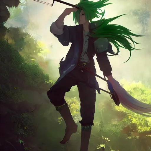 Prompt: a beautiful fullbody portrait of an anime boy with long straight green hair in a western fantasy bard style. character design by cory loftis, fenghua zhong, ryohei hase, ismail inceoglu and ruan jia. artstation, volumetric light, detailed, photorealistic, fantasy, rendered in octane