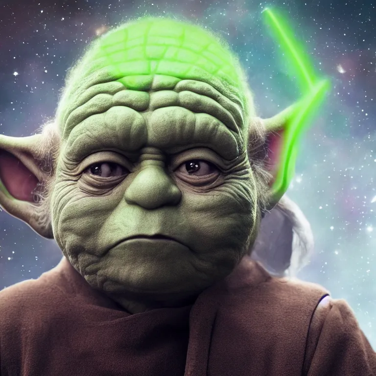 Image similar to a george costanza and yoda hybrid from star wars, high quality portrait photoshoot, bokeh, studio lighting, high fashion photoshoot, nebula space background, 8 k