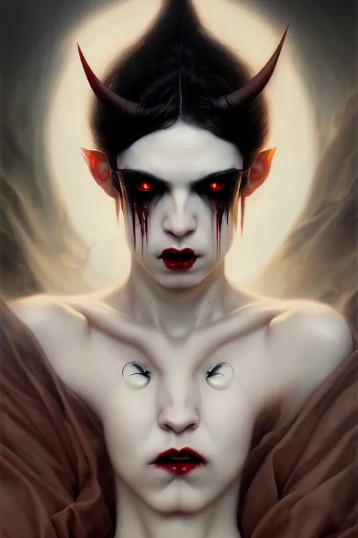 Image similar to a portrait of a sharp fang white pale skin devil with black eyes by karol bak, james jean, tom bagshaw, rococo, sharp focus, trending on artstation, cinematic lighting, hyper realism, octane render, 8 k, hyper detailed, vivid, ultra detailed, highly detailed