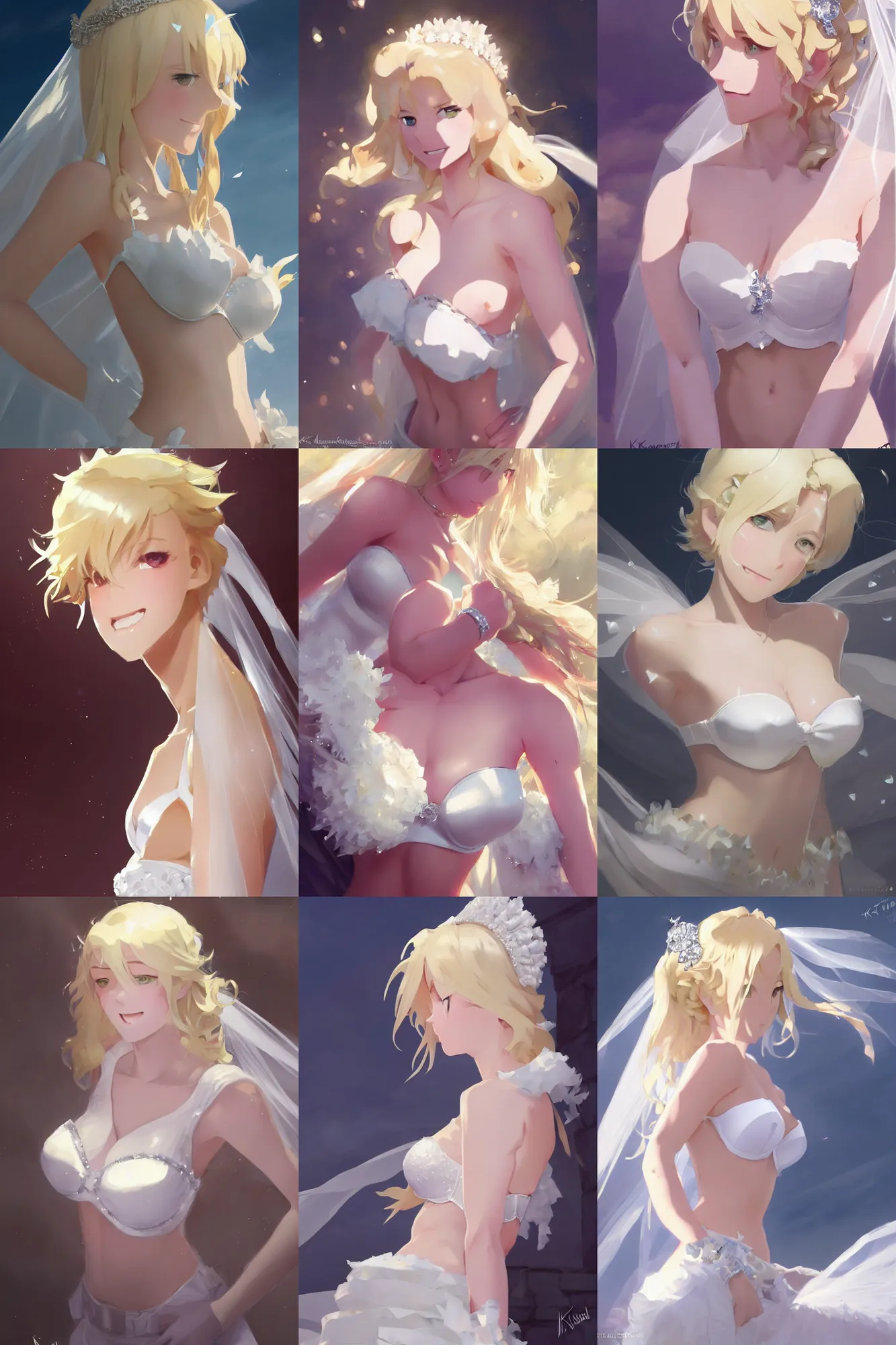 Prompt: Worksafe. Cinematic, epic. Close-up blonde princess wearing white bridal bra with many frills and diamonds, expressing joy. By krenz cushart, makoto shinkai and pixiv. Accurately shaped. A very clean image. Bold contours. High contrast and gentle colors.