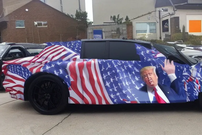 Prompt: trump-anime-car-wrap, side shot