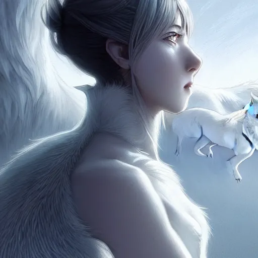 Image similar to girl facing a giant white wolf, manga cover, intricate, elegant, highly detailed, digital painting, artstation, concept art, smooth, sharp focus, illustration, sharp focus, illustration, highly detailed, concept art, matte, trending on artstation, anime, art by wlop and artgerm and greg rutkowski, h 6 4 0