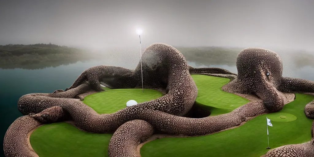 Image similar to a great photograph of the most amazing golf hole in the world, surrounded by water, giant octopus, ambient light, golf digest, top 1 0 0, fog