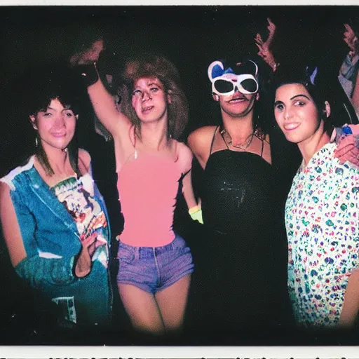 Image similar to a polaroid photo of an 8 0 s party after dark