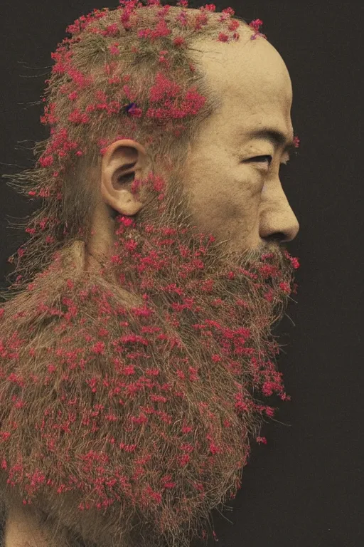 Image similar to a Japanese man's face in profile, long beard, made of crimson flowers and stone fruit, in the style of the Dutch masters and Gregory crewdson, dark and moody