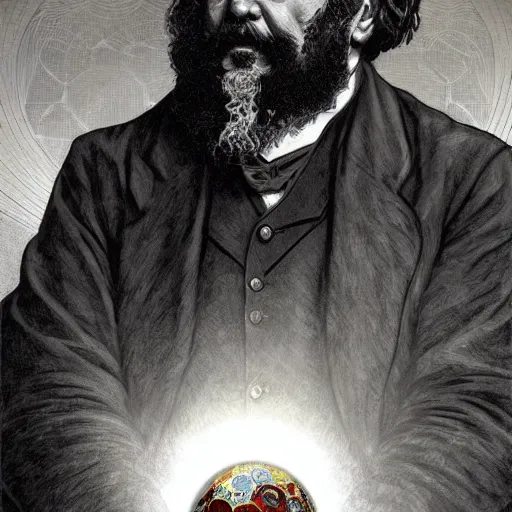 Image similar to Karl Marx pondering his orb, highly detailed, digital painting, artstation, concept art, smooth, sharp focus, illustration, art by todd lockwood and magalie villeneuve and alan lee and artgerm and greg rutkowski and alphonse mucha