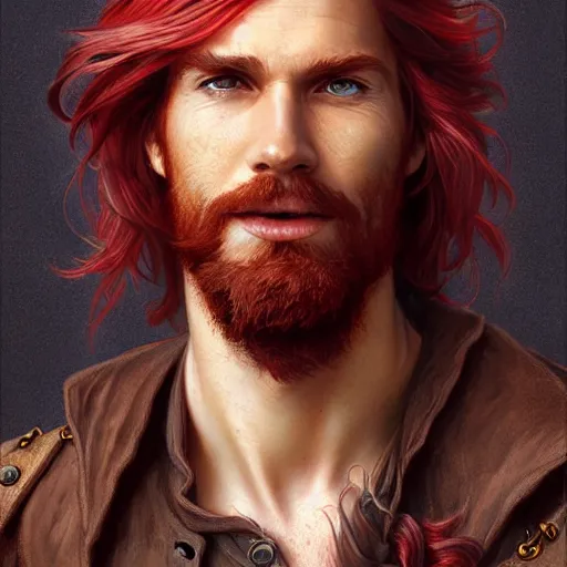 Image similar to portrait of a young ruggedly handsome but joyful pirate, male, masculine, upper body, red crimson hair, long flowing hair, fantasy, cheeky smirk, intricate, elegant, highly detailed, digital painting, artstation, concept art, matte, sharp focus, illustration, art by artgerm and greg rutkowski and alphonse mucha