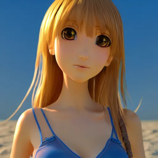 Image similar to Render of a very beautiful 3d anime girl, long hair, hazel eyes, full round face, short smile, cute sundress, golden hour, serene beach setting, medium shot, mid-shot, highly detailed, trending on Artstation, Unreal Engine 4k