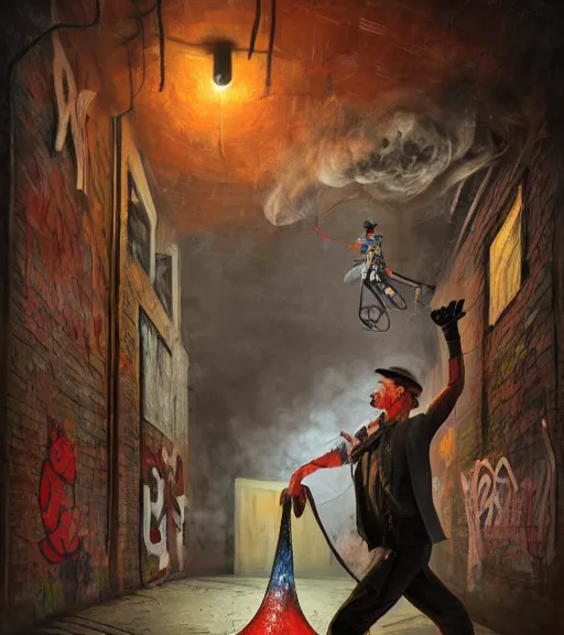 Image similar to Portrait of circus artist, alley with graffiti, dimly lit, wispy smoke, intricate, highly detailed, digital painting, artstation, concept art, sharp focus, illustration, art by einar jonsson
