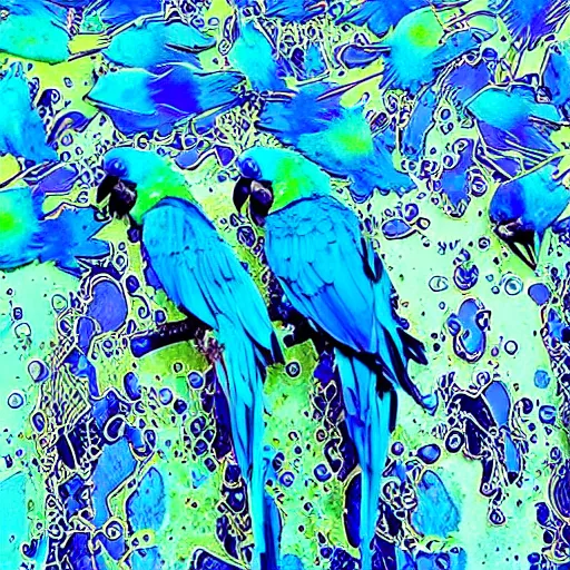 Image similar to blue parrots emerging from fluids, ink splash, intricate details, 16k, post processing, saturated blue colours