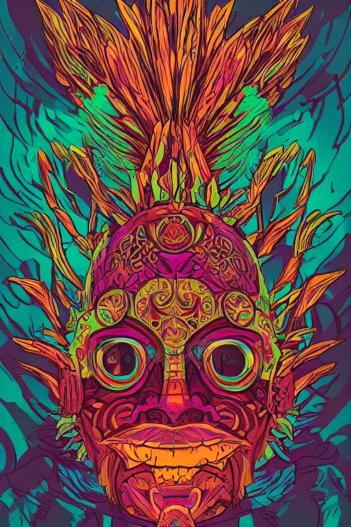 Image similar to totem animal mask tribal feather gemstone plant wood rock shaman vodoo video game vector illustration vivid multicolor borderlands comics by josan gonzales and dan mumford radiating a glowing aura