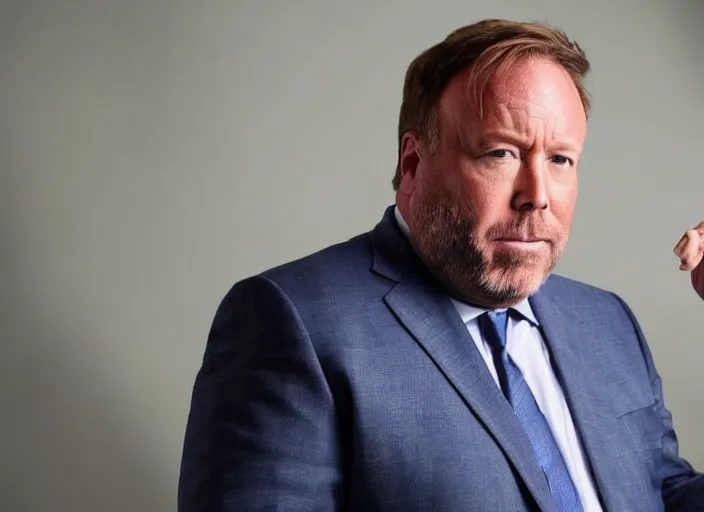 Prompt: dslr photo still of infowars host alex jones in a blue suit fat grey beard and mustache!!! sitting depressed!!! in a!!! room with a giant iphone behind him!!!, 5 2 mm f 1. 8