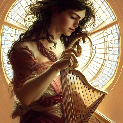 Image similar to a strange harp, d & d, fantasy, intricate, elegant, highly detailed, digital painting, artstation, concept art, smooth, sharp focus, illustration, art by artgerm and greg rutkowski and alphonse mucha